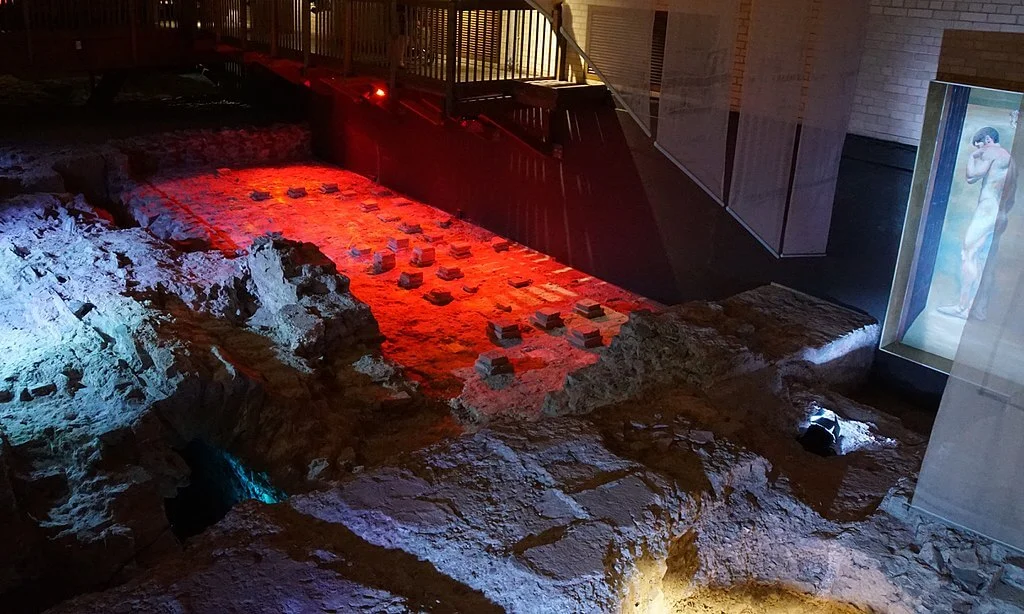 caerleon baths, indoor, lit with red lights