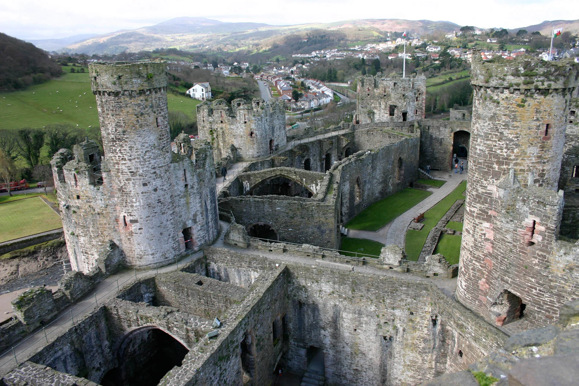 an aerial view of the structure of conwy castle